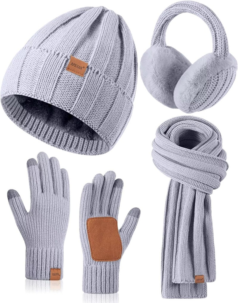 APEVAN Winter Hat Gloves Scarf Earmuffs Set for Women, Fleece Lined Beanie Long Scarf Touchscreen Gloves Ear Warmer, 4 in 1 Gift Set - Image 1